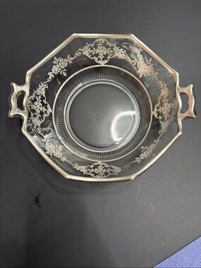 Decorative Clear Glass Serving Bowl with Silver Floral Trim 25th Anniversary